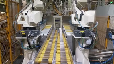 Due robot in sincrono su una linea di pasta fresca
